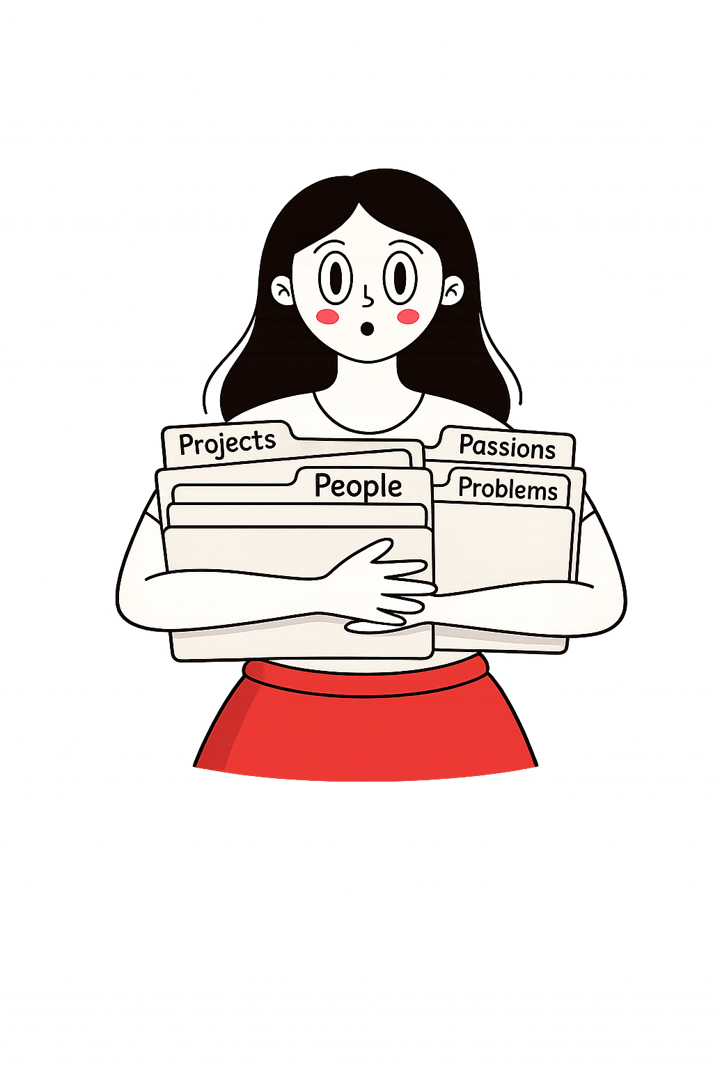 Mahek holding folders: Projects, Passions, People, Problems