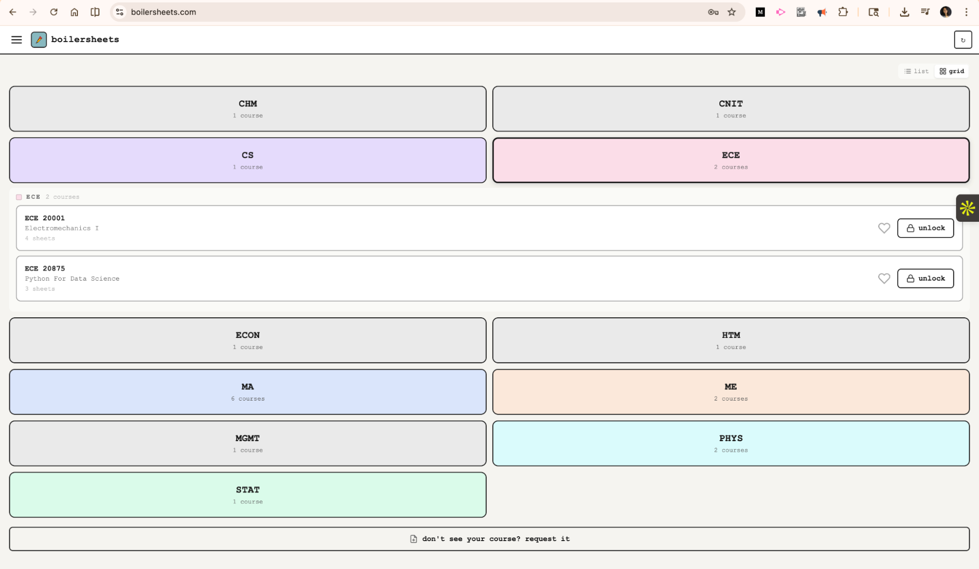 BoilerSheets — Course Grid